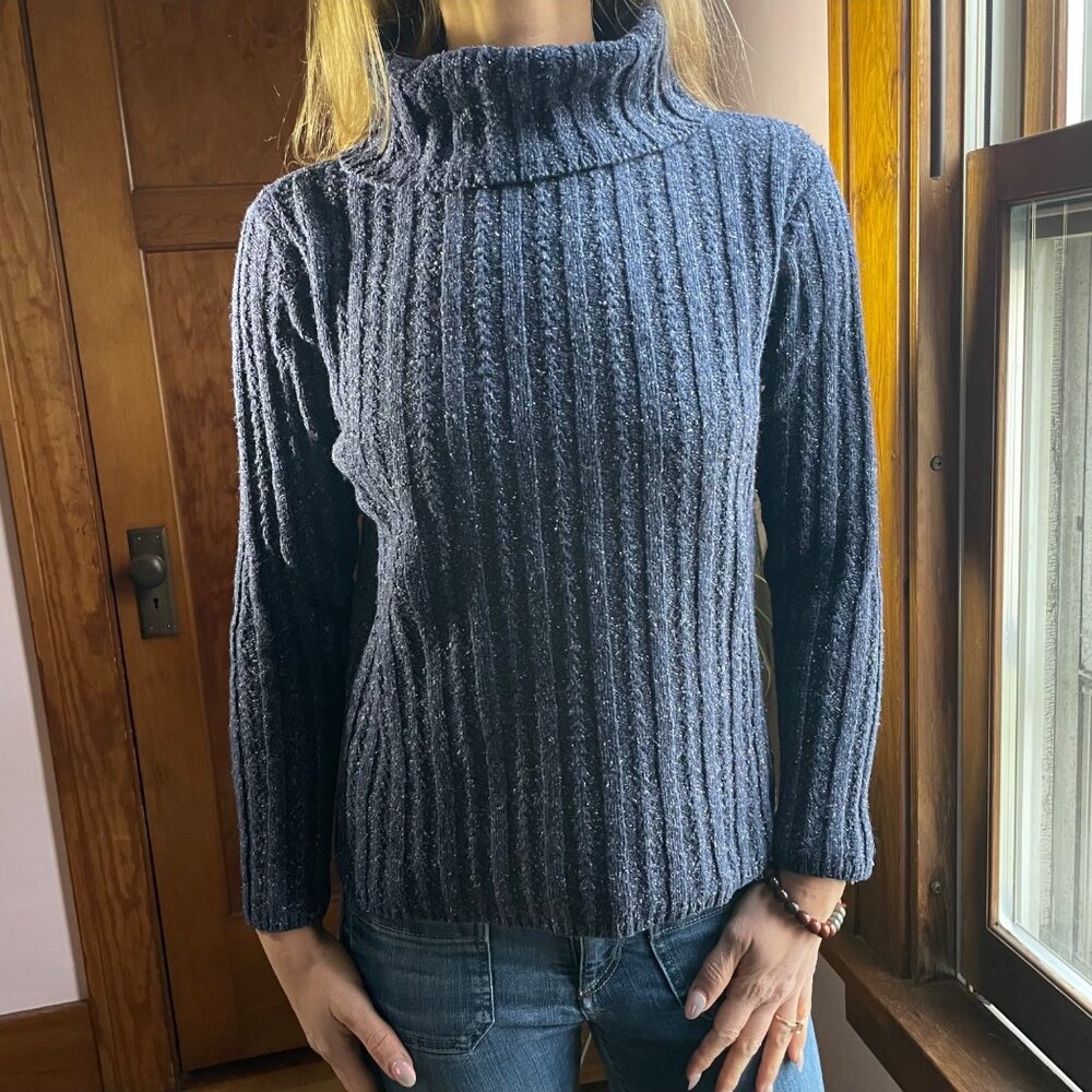 Vintage 90s Turtleneck Sweater Navy Speckled Rib Knit Silk Wool S Cottage Cozy